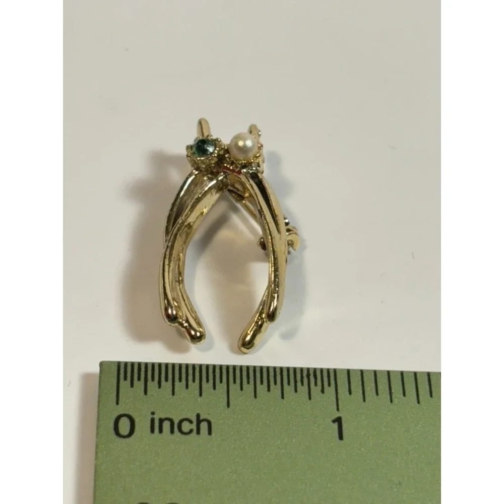 Vintage Brooch Lucky Wish Bone Faux Pearl‎ Green Rhinestone